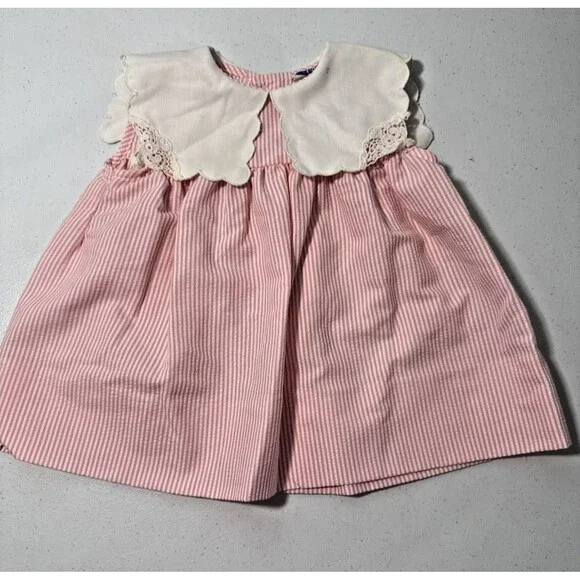 Vtg Fayette Dress Girls 18M Pink Seersucker Square Collar Set 3